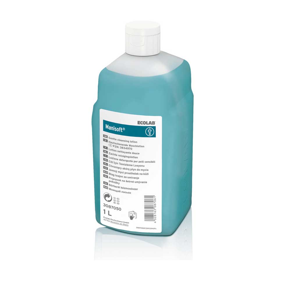 Ecolab Manisoft Waschlotionflasche aus Kunststoff, türkis mit Schraubverschluss und Etikett