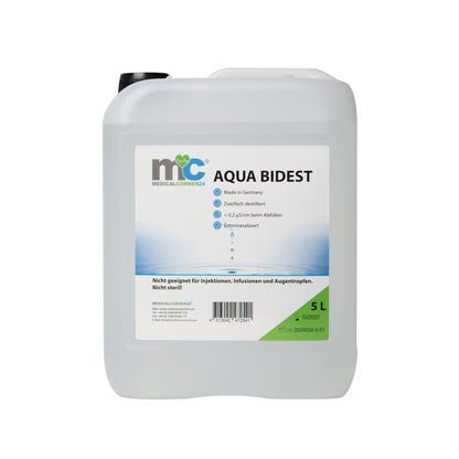 Bidestilliertes Wasser AQUA BIDEST, Rückseite eines 5-L-Kanisters aus Kunststoff