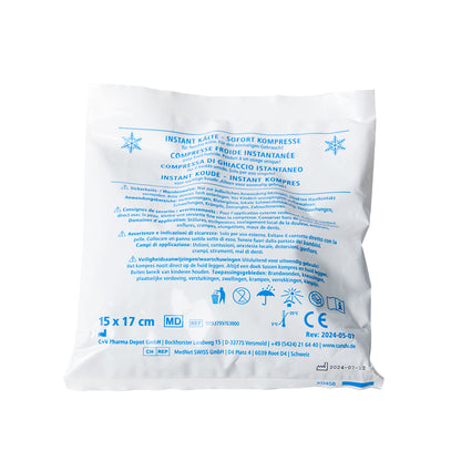 Weiße Kompressentüte mit blauem Text und Größenangabe 15×17 cm auf Rückseite