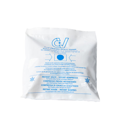Instant-Kältekompressen: weiße Kompressentüte mit blauem Aufdruck, 15×17 cm