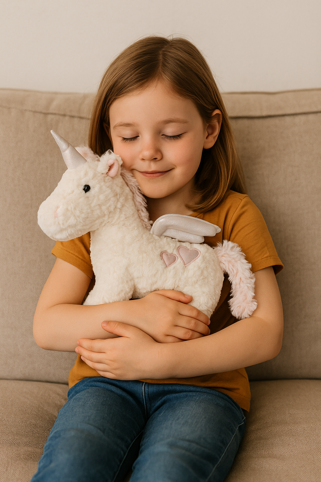 Plüsch-Einhorn-Körnerkissen mit zwei Herzapplikationen, Kind umarmt es