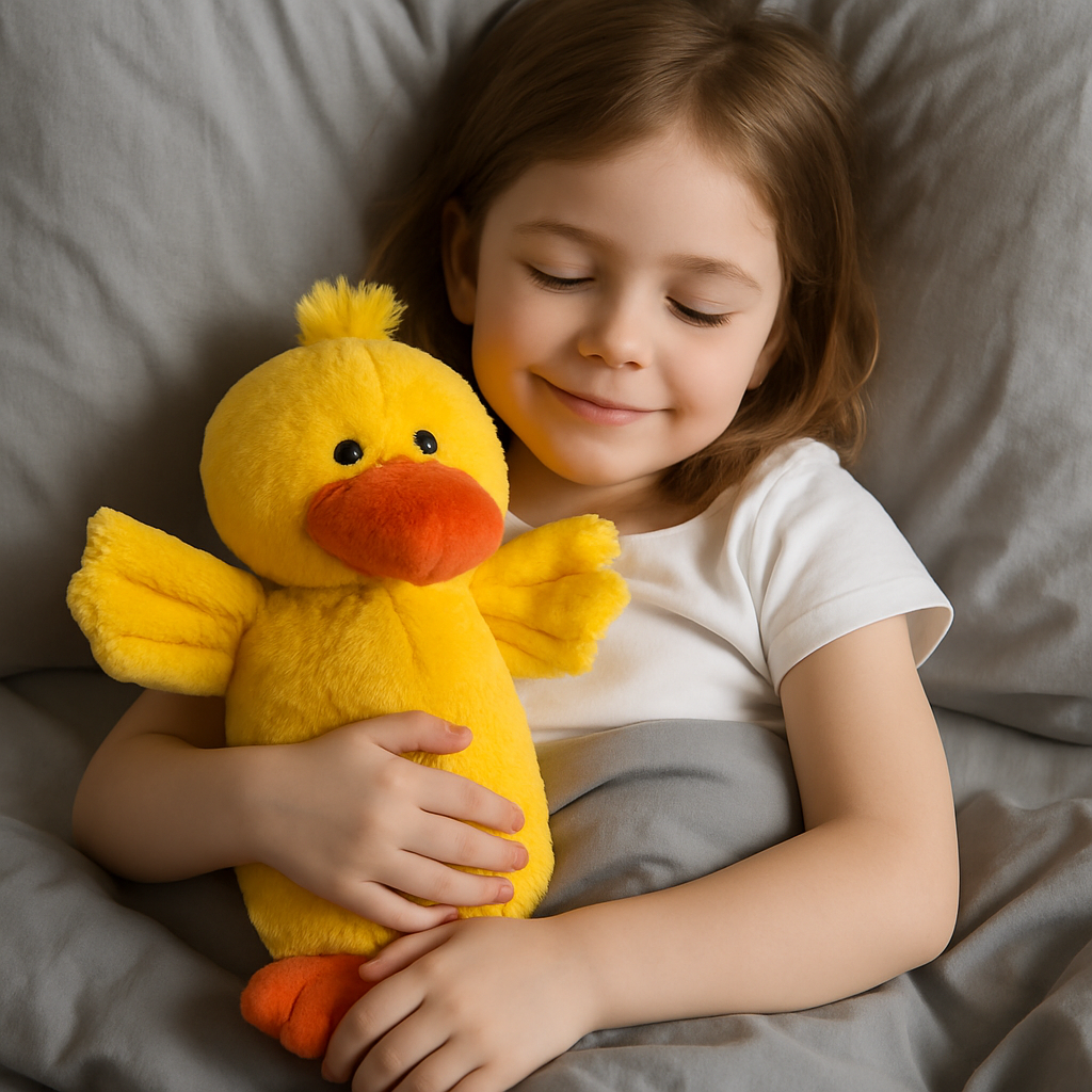 Gelbe Körnerkissen-Ente „Daffi“ in Kinderarmen, weiches Plüsch