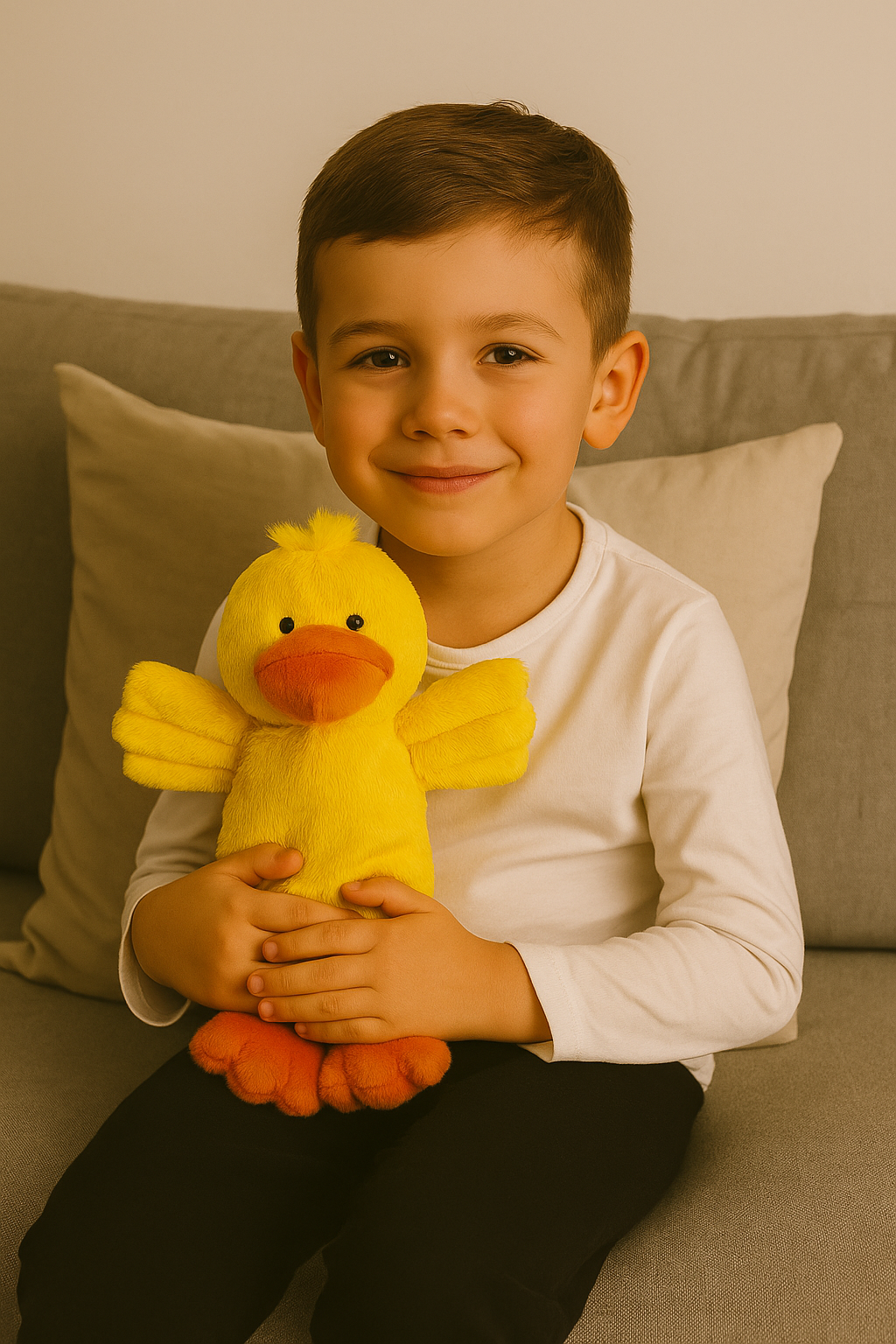 Gelbe Körnerkissen-Ente „Daffi“, von Kind umarmt