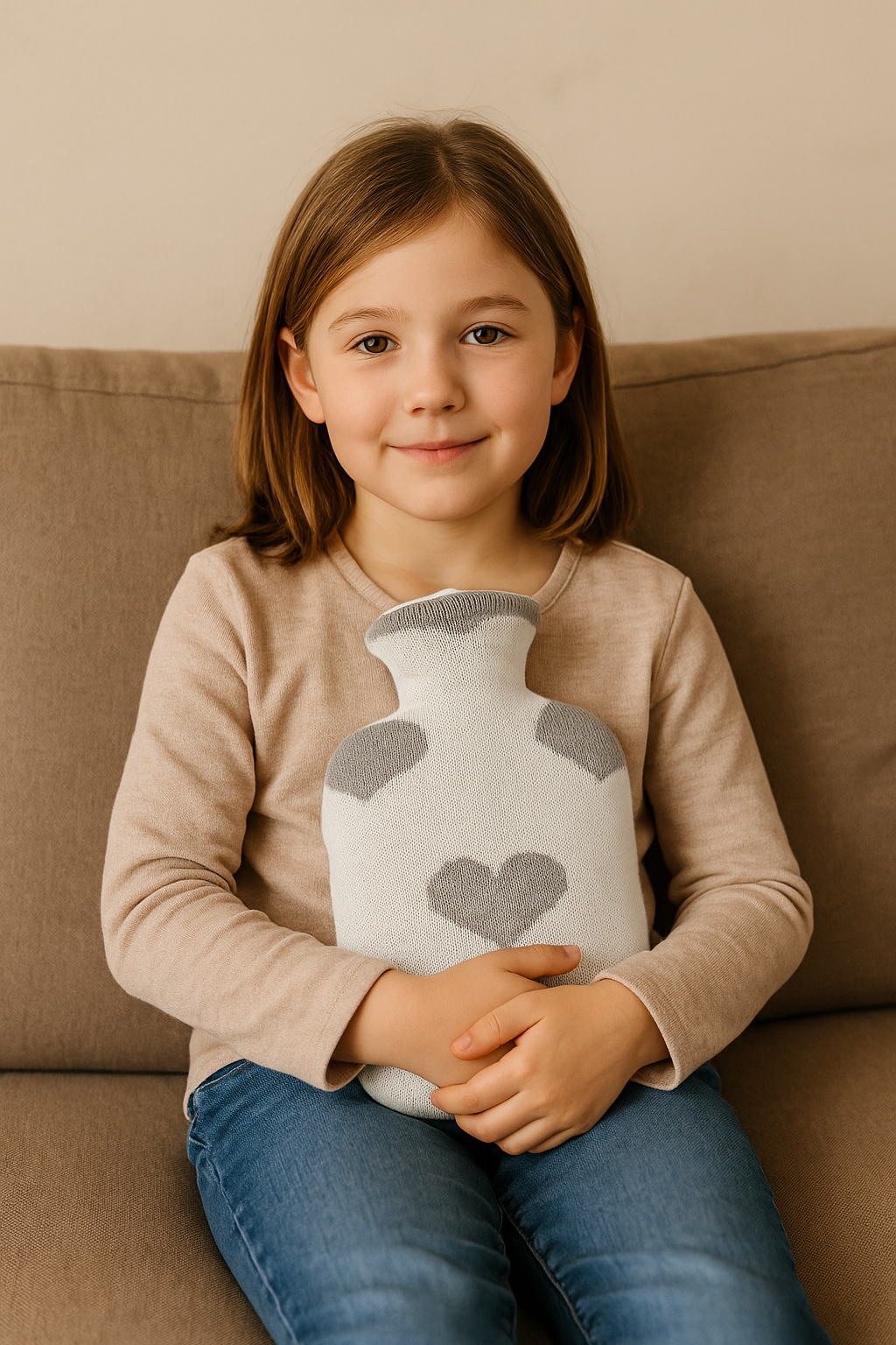 Sänger Wärmflasche mit Strickbezug und Herzmotiven, von Kind gehalten