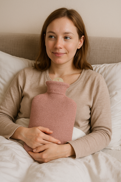 Altrosa Strick-Wärmflasche mit Baumwollbezug, Person hält sie auf dem Sofa
