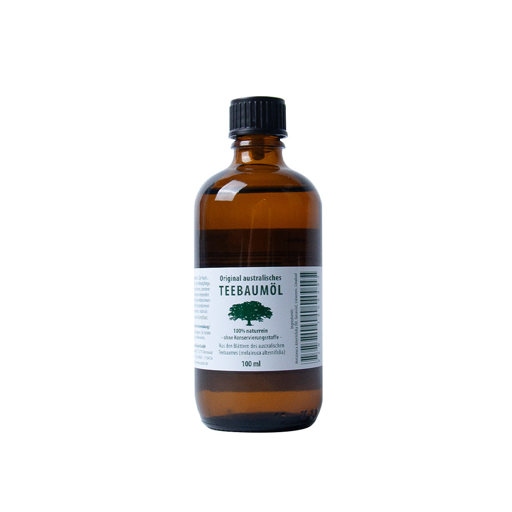 Teebaumöl-Flasche 100 ml, bernsteinfarbenes Öl, schwarzer Schraubverschluss