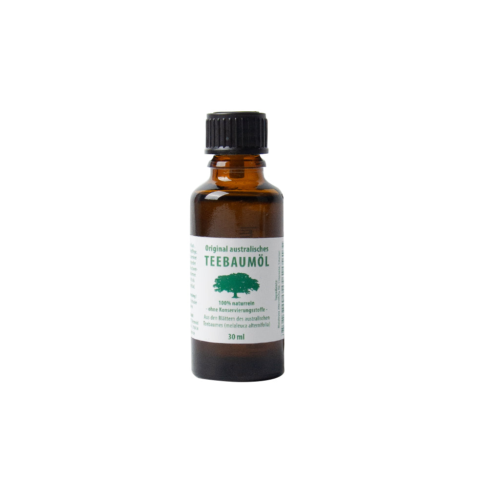 Teebaumöl-Flasche 30 ml, bernsteinfarbenes Öl, schwarzer Schraubverschluss