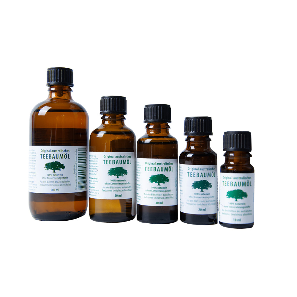 Teebaumöl-Flaschen-Set in verschiedenen Größen (10–100 ml) mit schwarzem Schraubverschluss